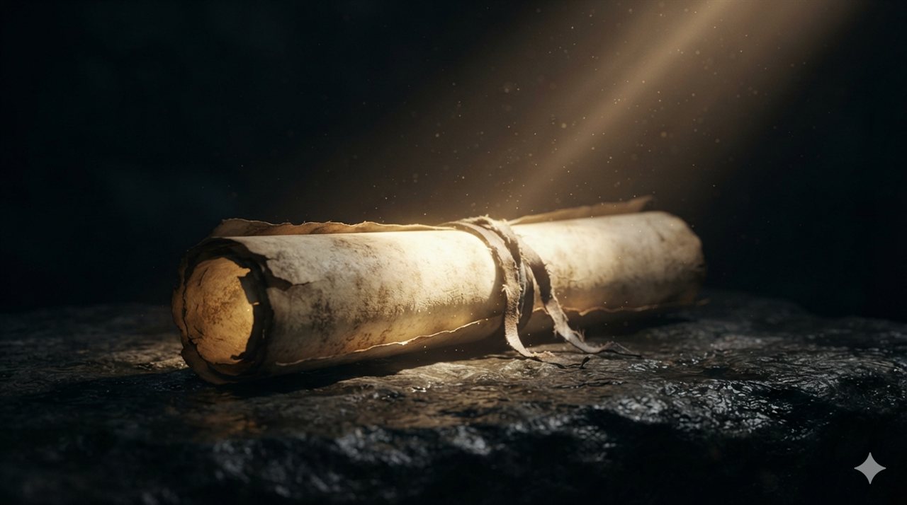 Pergaminho antigo iluminado por luz dourada